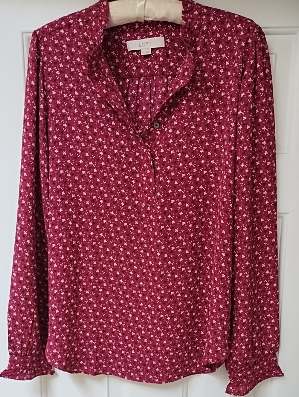 LOFT Women's Burgundy Red Floral Henley Button-Front Blouse